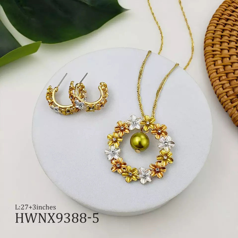 Conjunto de joyas de pendientes de cobre y perlas con corona tricolor hawaiana al por mayor
